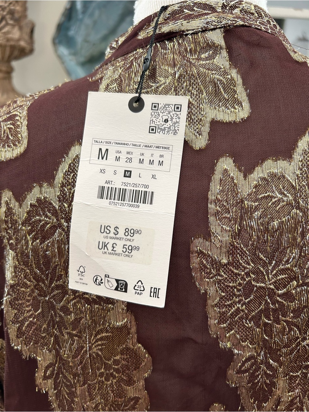 Zara Chocolate Brown Blouse with Gold Metallic Leaf Motif - Picture 7 of 9